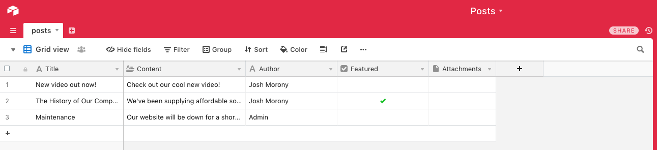 Example posts data in Airtable base