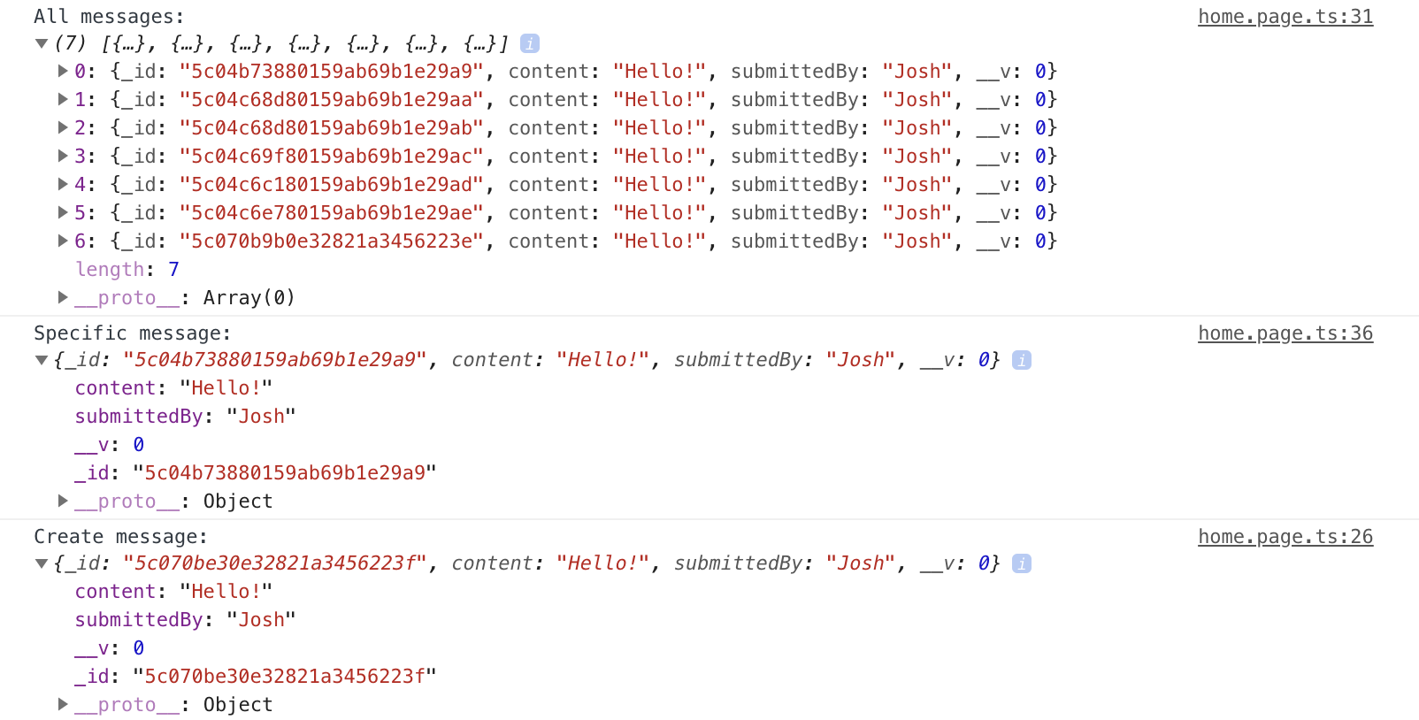 MongoDB console output in Ionic application